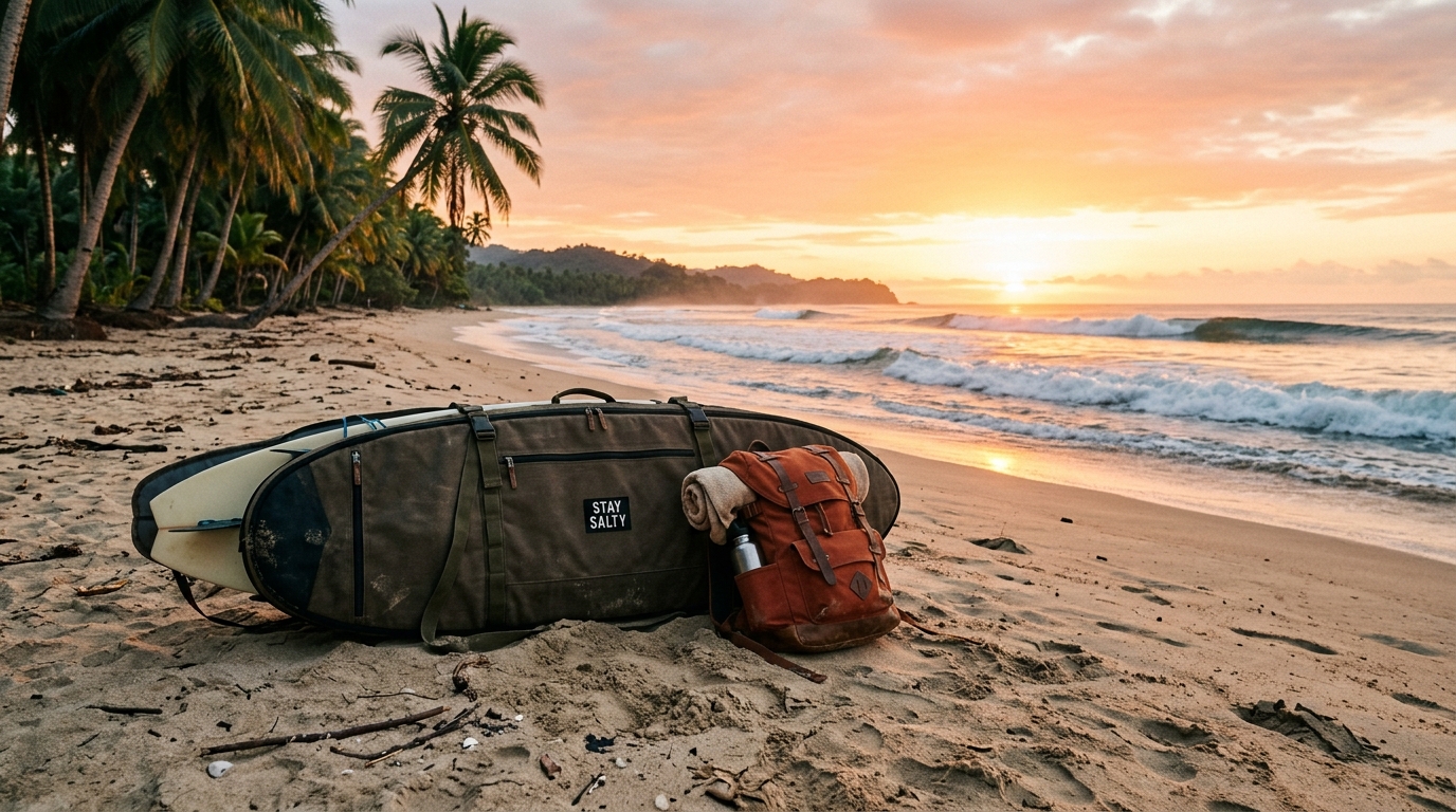 Housse de planche et sac à dos sur une plage tropicale de surf