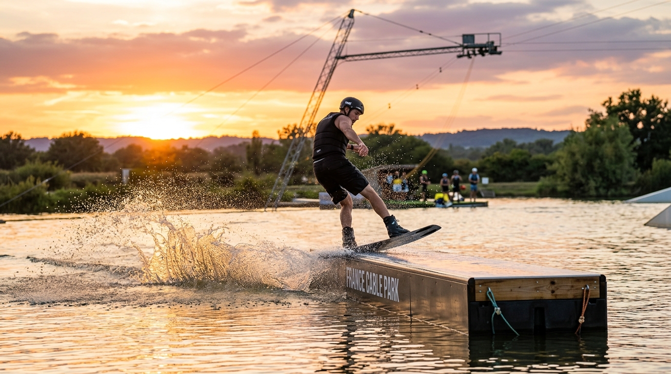 Wakeboardeur en plein slide sur module box dans un wakepark cable