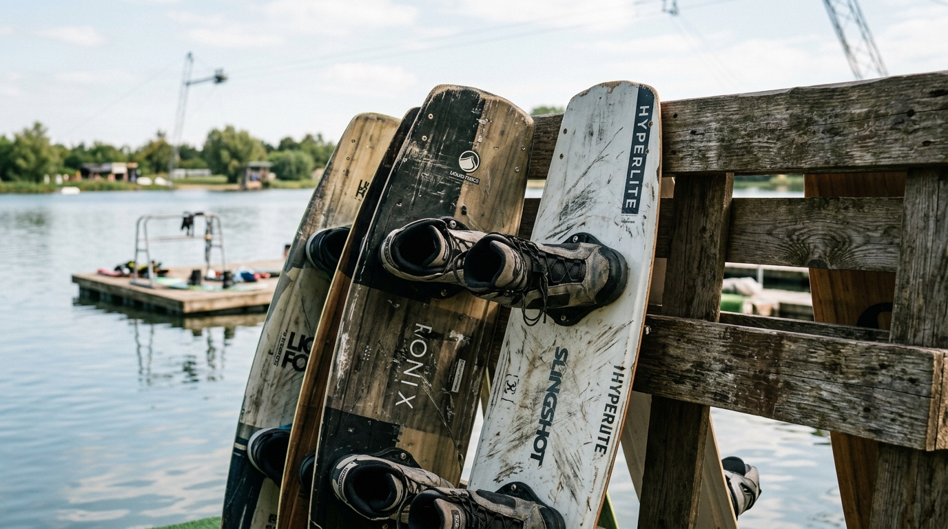 Planches de wakeboard d'occasion alignées avec détail des fixations usées