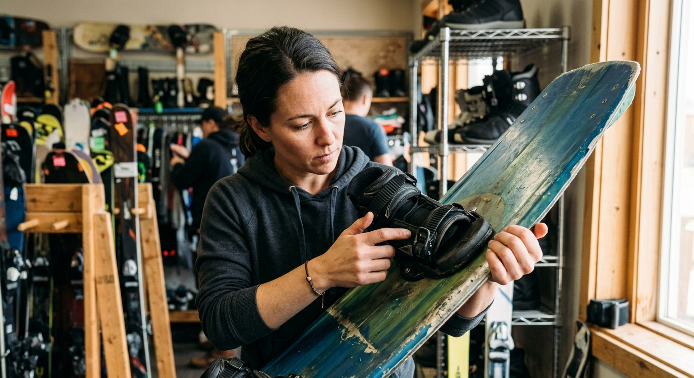 Inspection des bindings et carres d'un wakeboard d'occasion