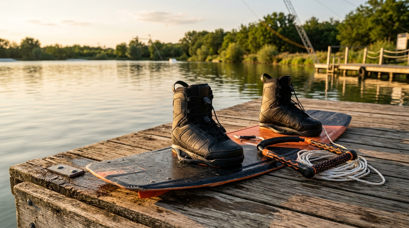 Planche wakeboard bidirectionnelle avec chausses et palonnier sur ponton