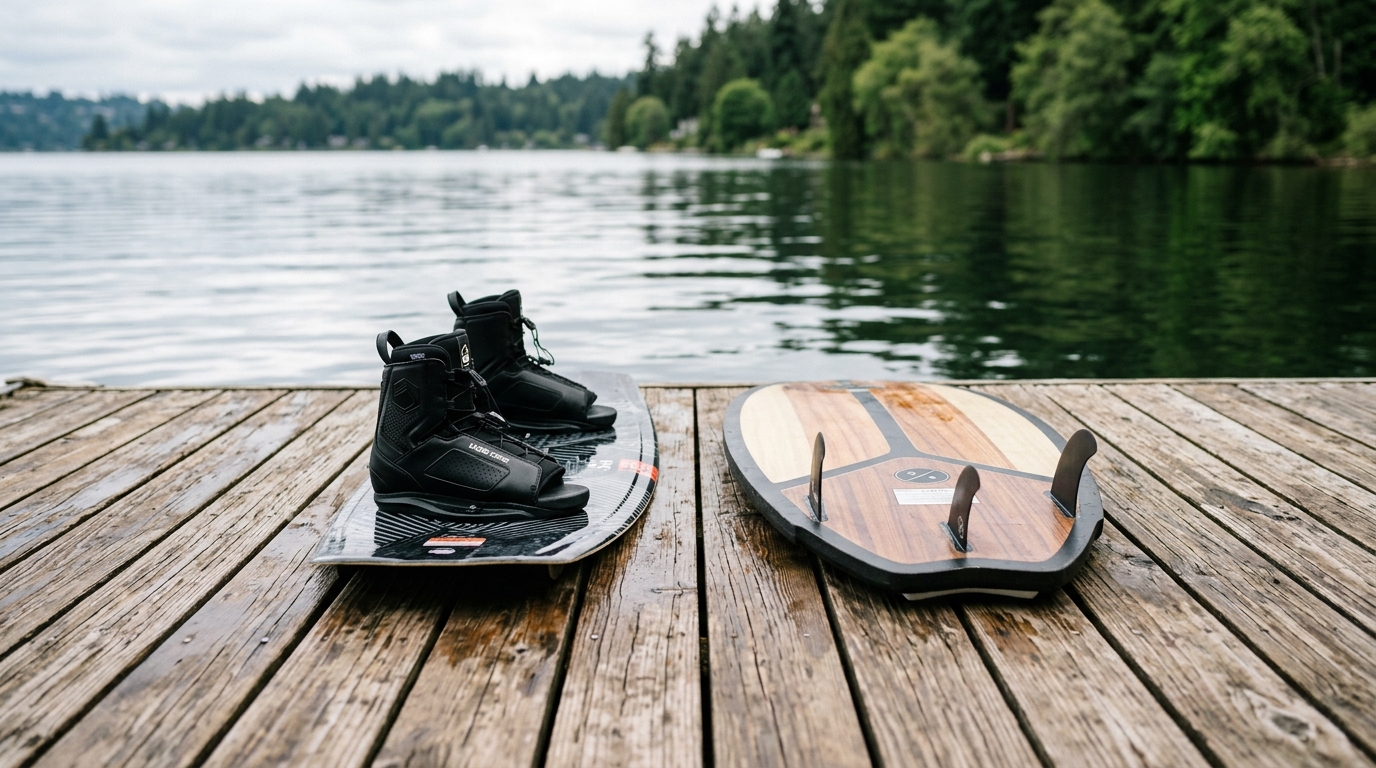 Planche de wakeboard et planche de wakesurf côte à côte pour comparaison