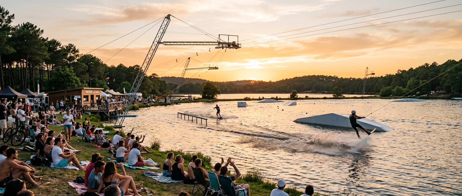Wakepark en France téléski nautique full size avec wakeboarders et modules