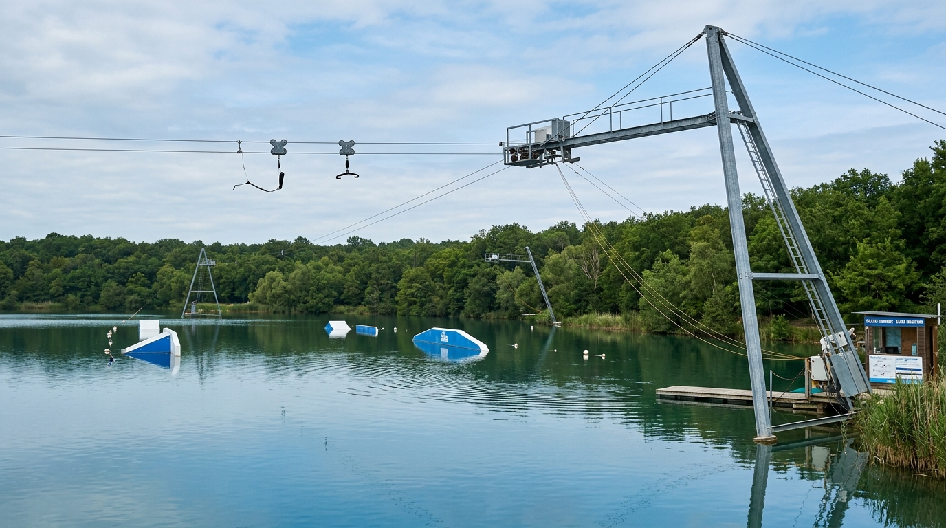 Câble de téléski nautique au-dessus du plan d'eau d'un wakepark avec modules
