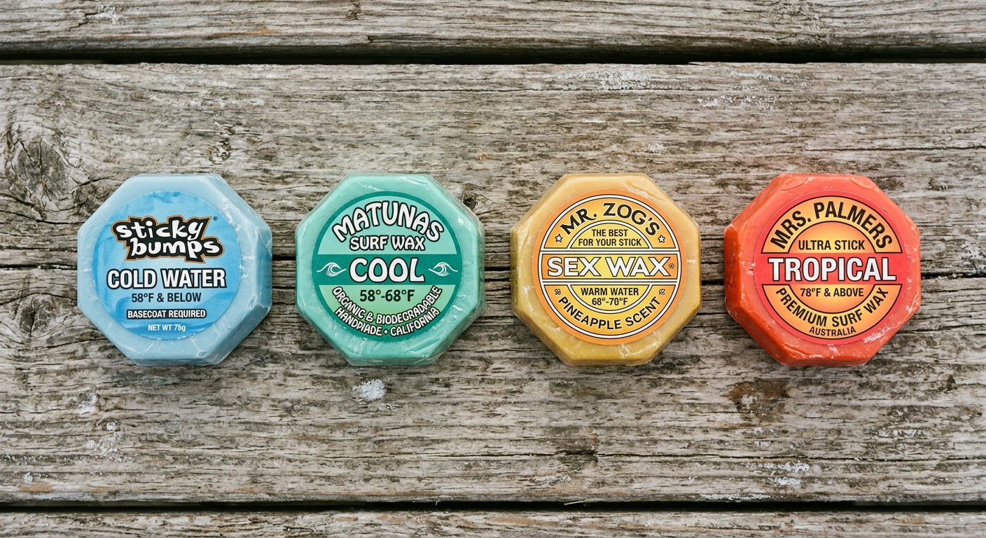 Quatre pains de wax surf cold cool warm tropical en flat lay sur bois patine
