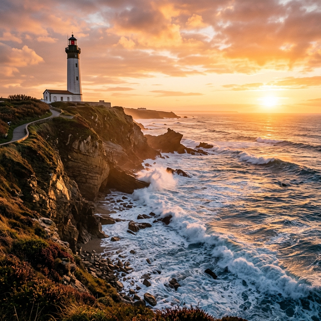 Phare et côte de Biarritz au coucher de soleil, format carré