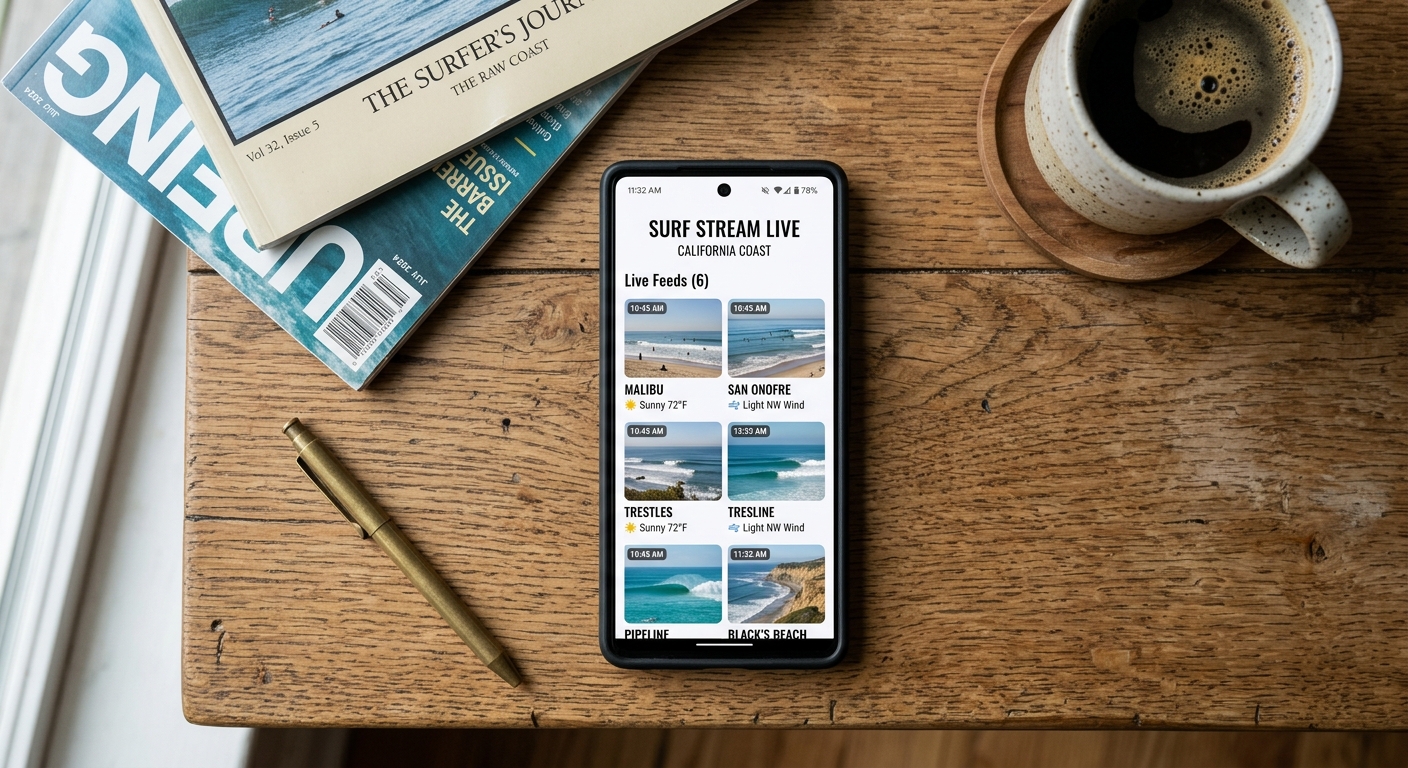 Smartphone affichant une interface webcam surf en flat lay