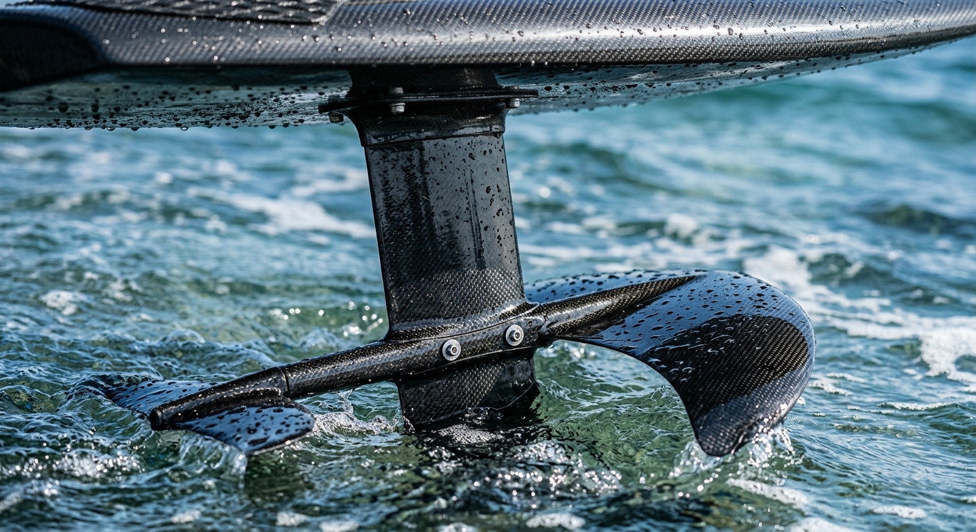 Détail du mât et de l'aile avant d'un windsurf foil