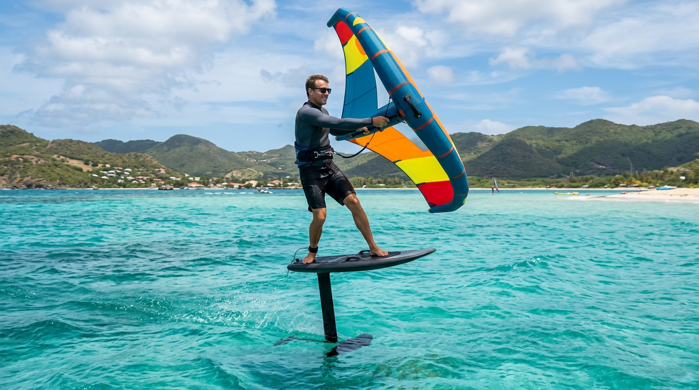 Rider en wing foil tenant son aile gonflable en plein vol au-dessus d'un lagon