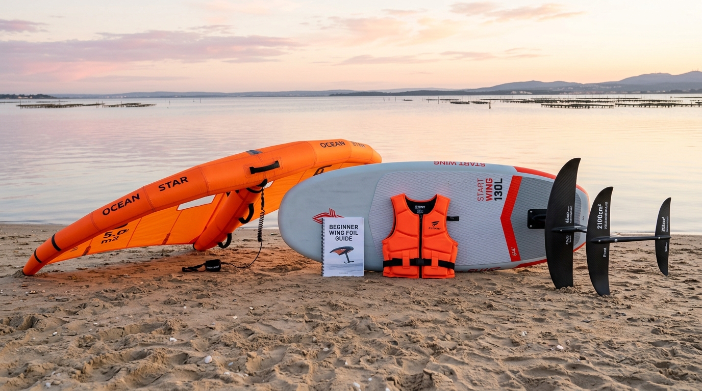 Materiel d'initiation wing foil pour debutant pose sur le sable au bord de l'Etang de Thau