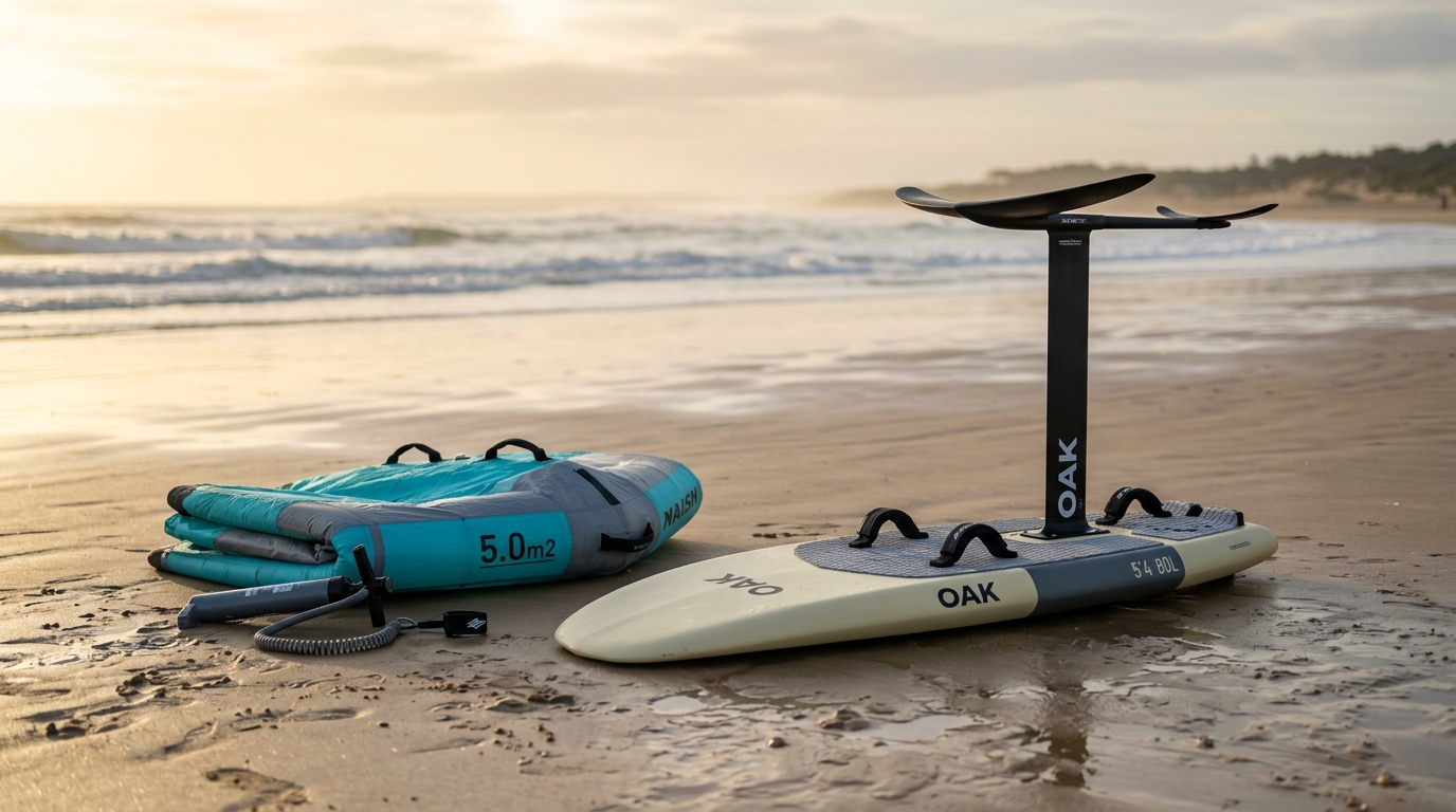 Equipement wing foil complet (planche, aile, foil) pose sur le sable d'Hossegor a l'aube, lumiere douce