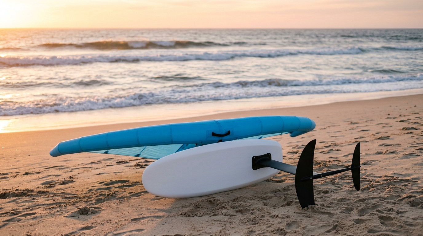 Pack wing foil complet posé sur une plage : planche, aile et foil
