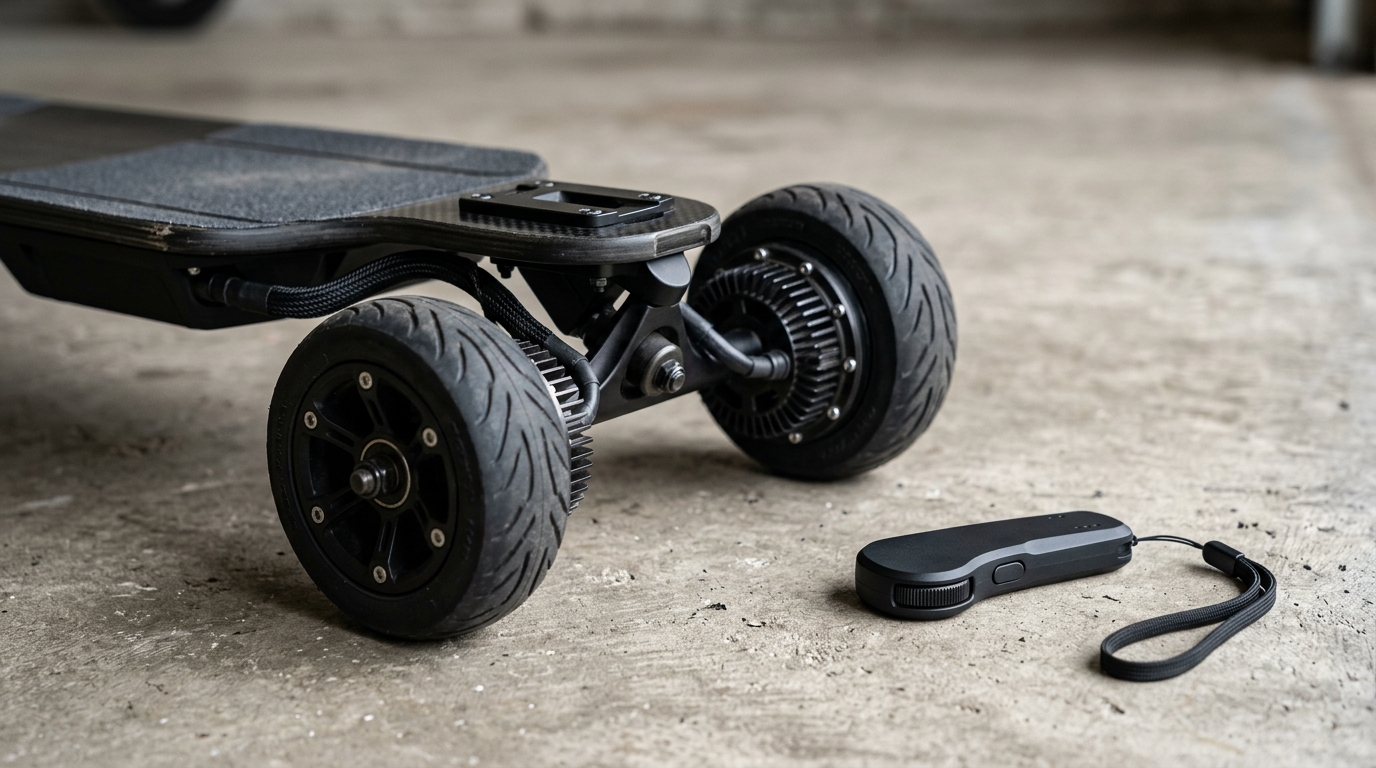 Gros plan sur les roues arrière motorisées et la télécommande d'un skate électrique
