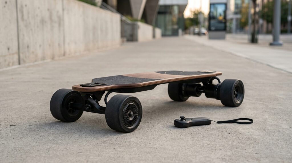 Skateboard électrique urbain posé sur un sol béton, moteurs dans les roues et télécommande