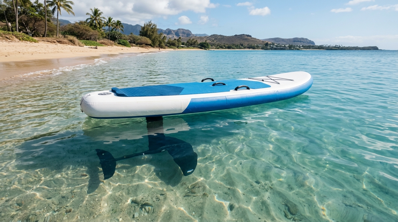 Planche de wing foil volumineuse adaptée aux débutants posée sur l'eau