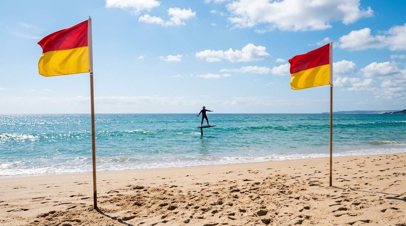 Rider en eFoil au large, drapeaux de baignade délimitant la zone au premier plan