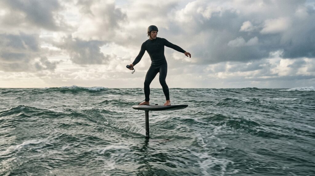 Rider en vol sur un eFoil au-dessus de l'eau grise de l'Atlantique, seul le mât perce la surface