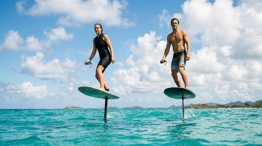 Deux riders en vol sur leurs eFoils au-dessus d'une eau turquoise