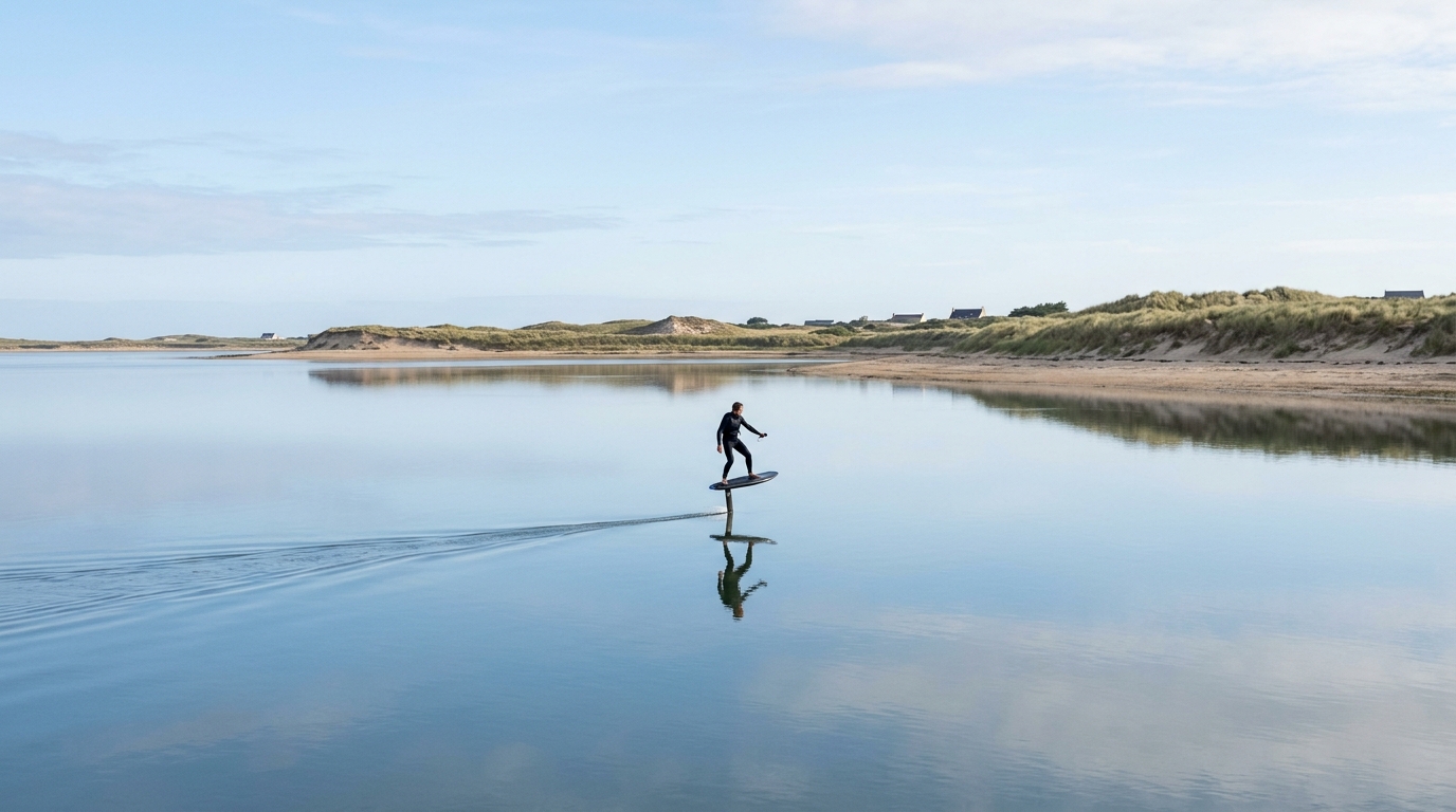 Rider en eFoil sur un plan d'eau plat et abrité bordé de dunes