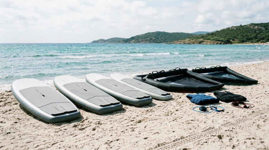 Équipement de wing foil d'une école aligné sur la plage de l'Almanarre à Hyères