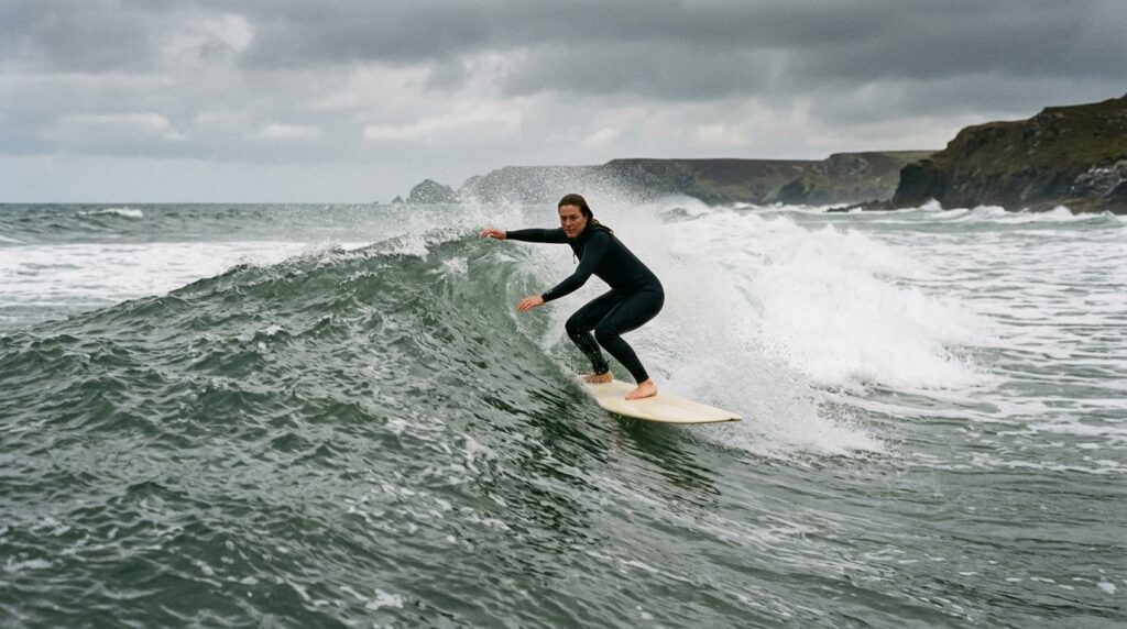 Surfeur sur une planche de surf classique dans une vague, sans foil ni mât