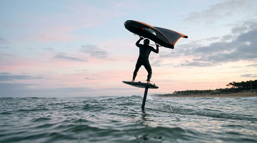 Rider en wing foil en vol au-dessus de l'Atlantique a Hossegor a l'aube