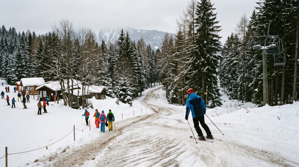 Un skieur descend une piste bordée d’arbres près d’une station, vu de loin, avec d’autres personnes en arrière-plan
