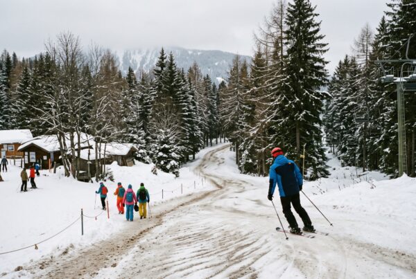 Un skieur descend une piste bordée d’arbres près d’une station, vu de loin, avec d’autres personnes en arrière-plan