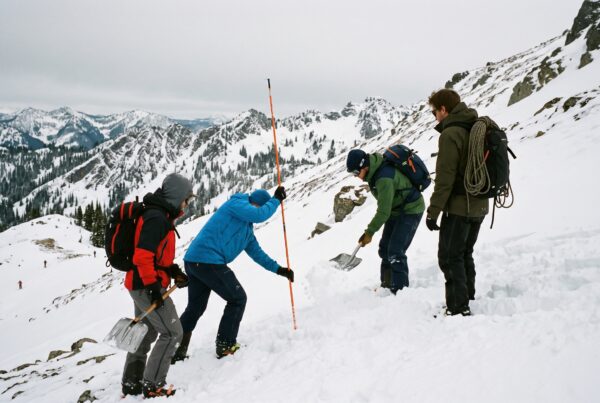Des skieurs en hors-piste s’entraînent au sondage et au pelletage sur une pente enneigée, vus de trois quarts arrière