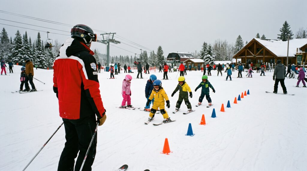 Un moniteur observe plusieurs enfants qui descendent une pente douce balisée sur le front de neige.