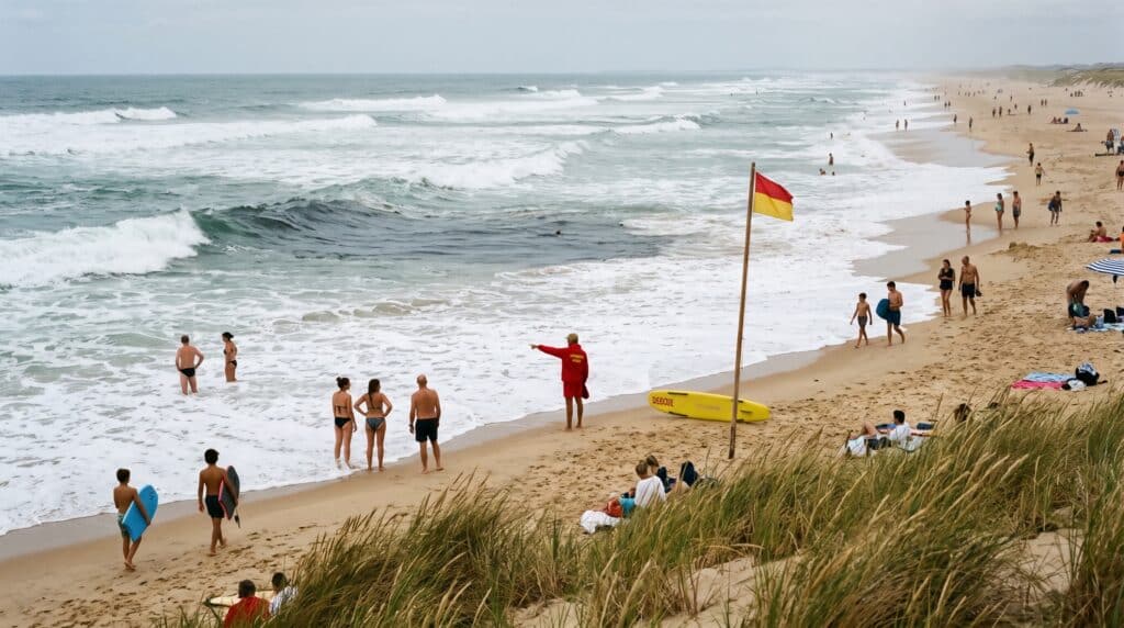 Depuis la dune, un sauveteur montre un chenal sombre entre les vagues pendant que des baigneurs restent au bord