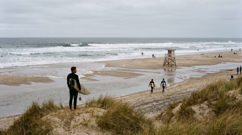 Des surfeurs observent une plage à marée basse, avec des vagues qui cassent sur plusieurs hauts-fonds sableux.