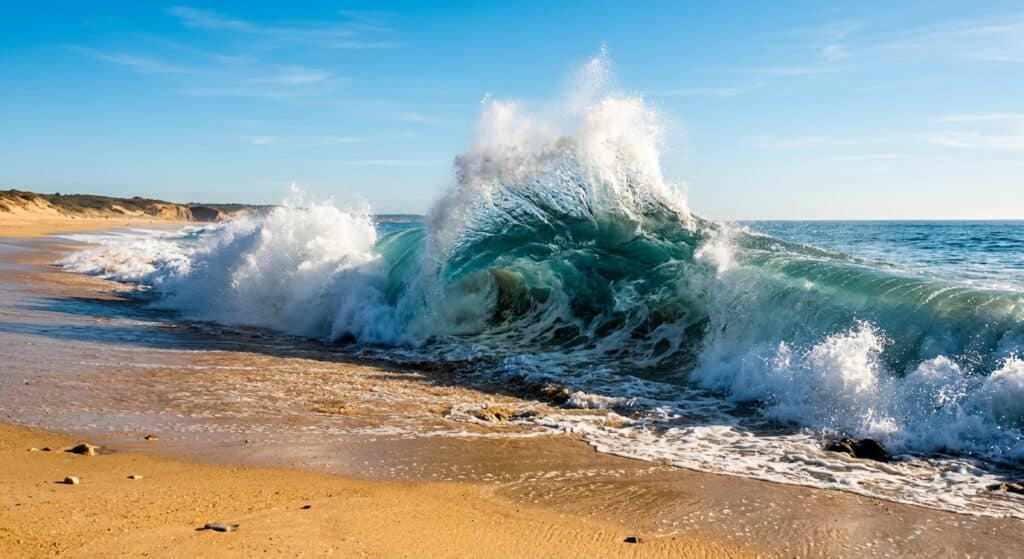Un gros shore break s'effondre sur le sable au bord de l'eau, océan turquoise et ciel bleu par beau temps.