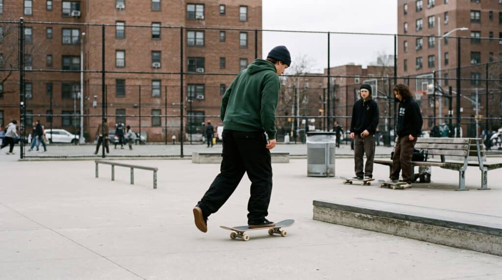 Un skateur travaille des figures au sol dans un skatepark, avec curb bas, rail et autres pratiquants en arrière-plan