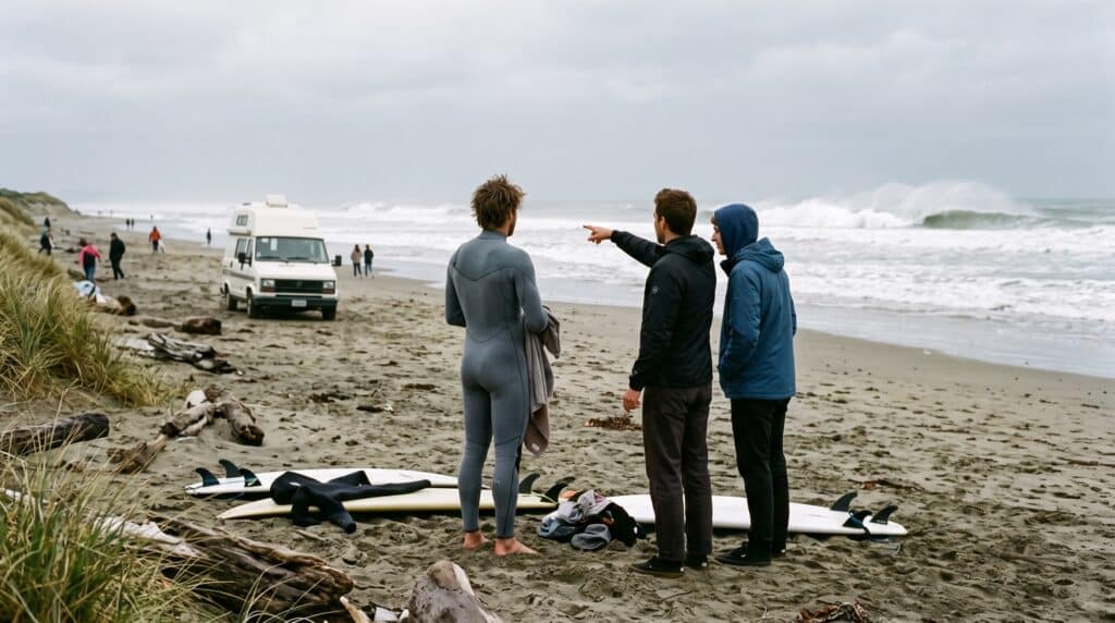 Des surfeurs observent depuis la plage des vagues dont les embruns partent vers le large sous un ciel couvert